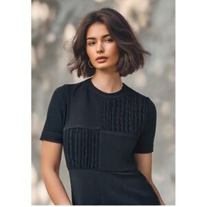 Leilian Tokyo Wool Knit Dress Fit Flare Crew Short Sleeve Black Size Medium 8